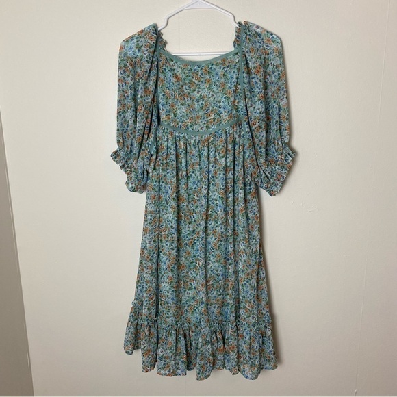GiGio by Umgee Sea Foam Green Boho Chiffon Ditsy Floral Ruffle Dress - Picture 5 of 16